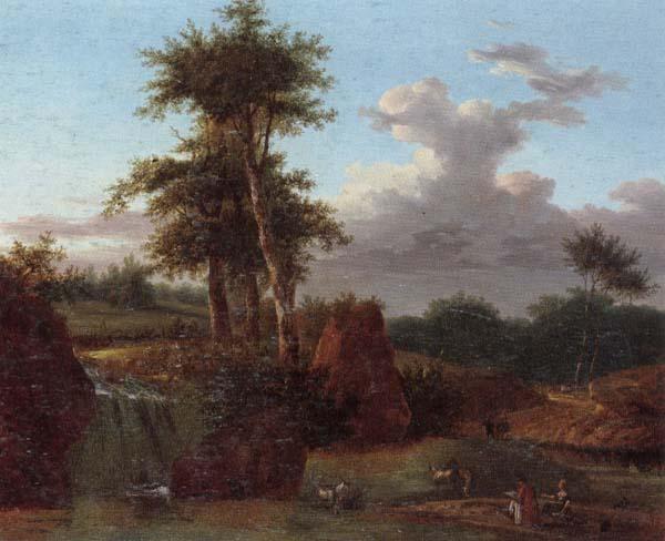 unknow artist A Wooded landscape with an artist sketching at the base of a waterfall,anmals drinking in a pool nearby